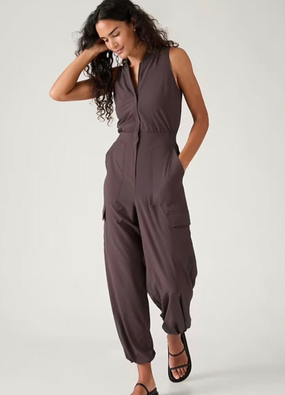 Athleta Brooklyn Utility Jumpsuit Cargo Pant Shale Gray Dusty Plum Neutral Sz 2